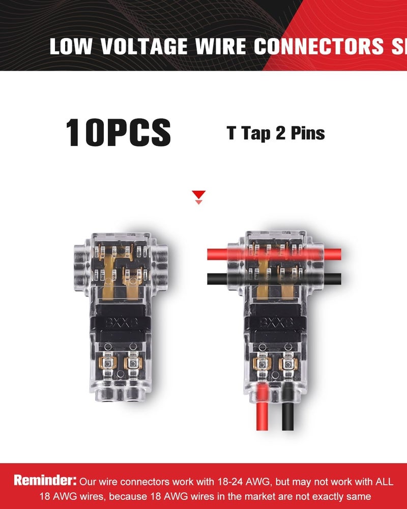 Kuject 10pc Low Voltage Wire Connectors, T Tap 3 Way 2 Pins Splice Wire Connectors, Quick Solderless Wire Connector for Automotive, Led Strip, Landscaping, 18-24AWG - Image 2